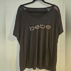 BEBE Sport WOMENS Large RHINESTONE rose gold logo BLACK top Mesh Short Sleeve